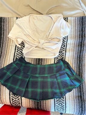 Green and Navy Plaid Pleated Mini Skirt - Women's